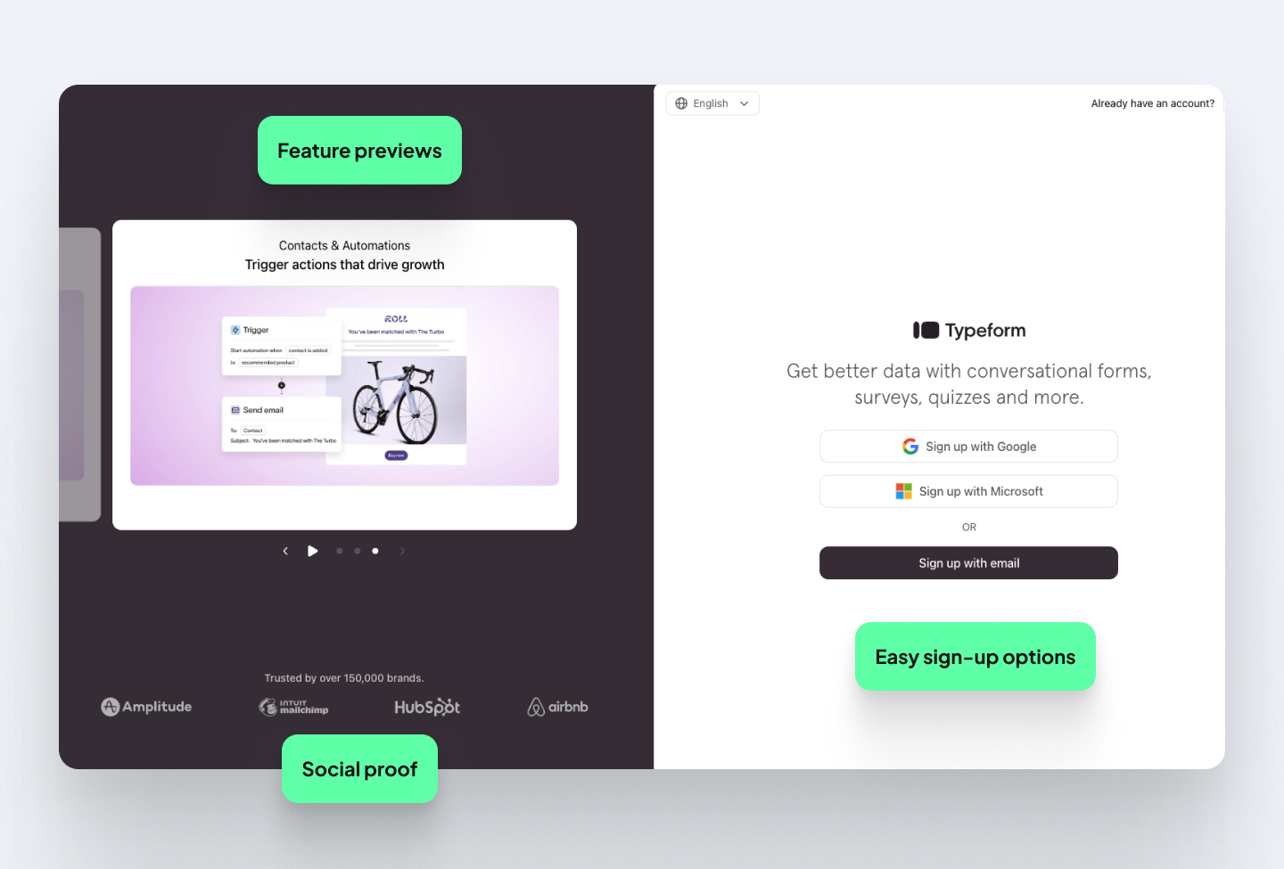 Typeform's sign-up page using the left side for feature previews and social proof and the right side for sign-up options.