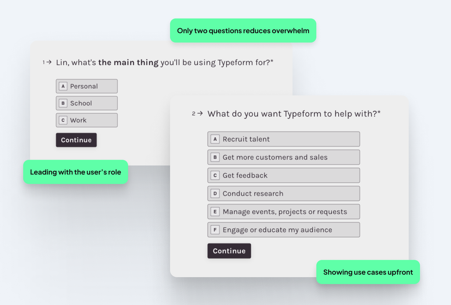 Two Typeform onboarding screens asking users what they plan to use the product for.