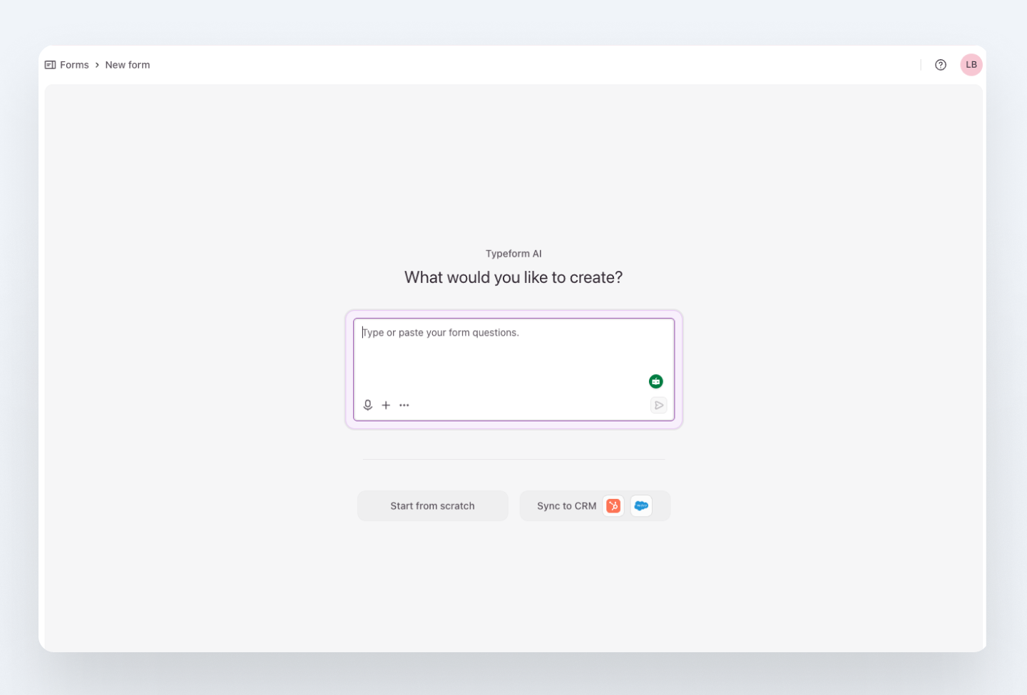 Typeform's AI form creation screen showing a single text input and minimal UI.