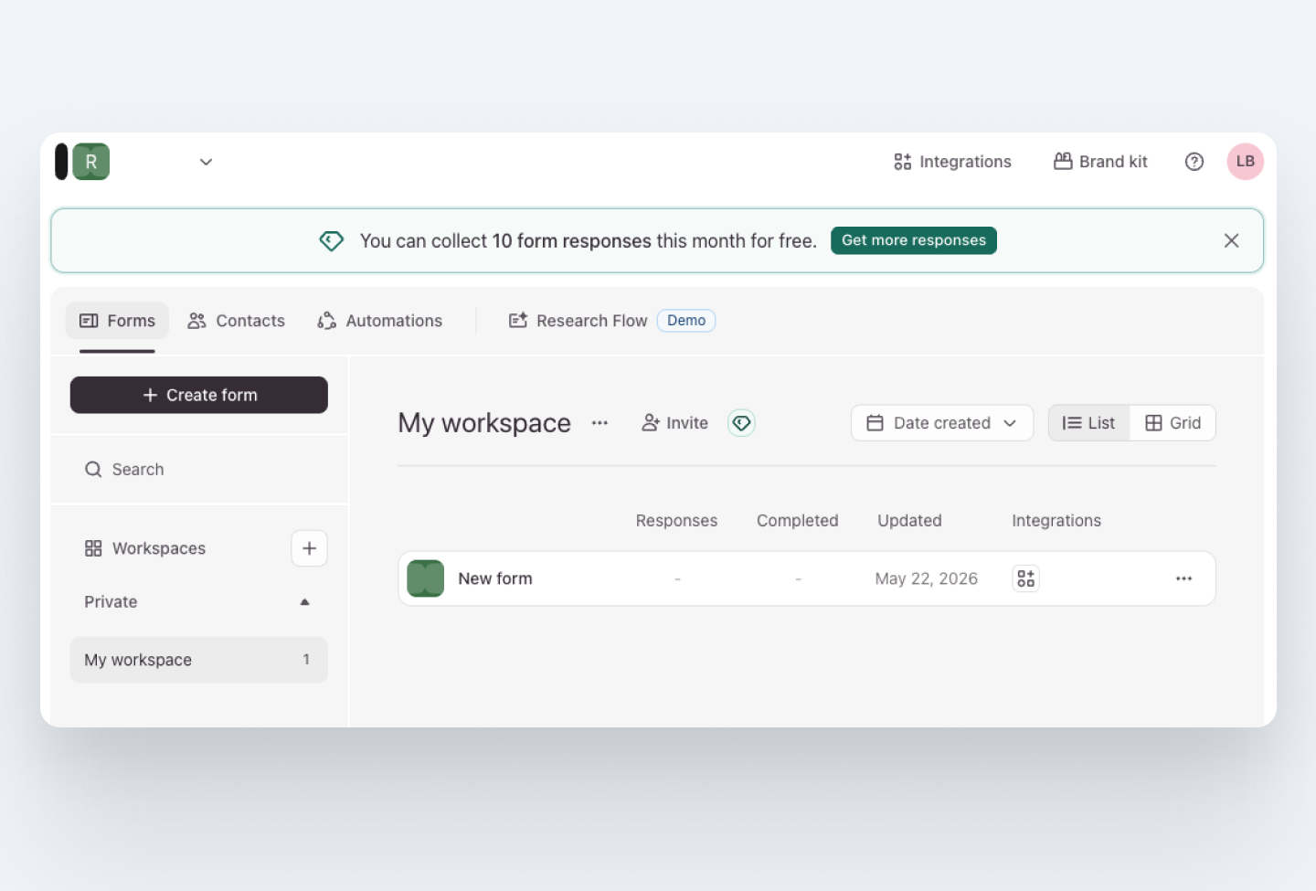 Typeform's main dashboard showing a new user's workspace with a prominent create form button and a value-led upgrade banner.