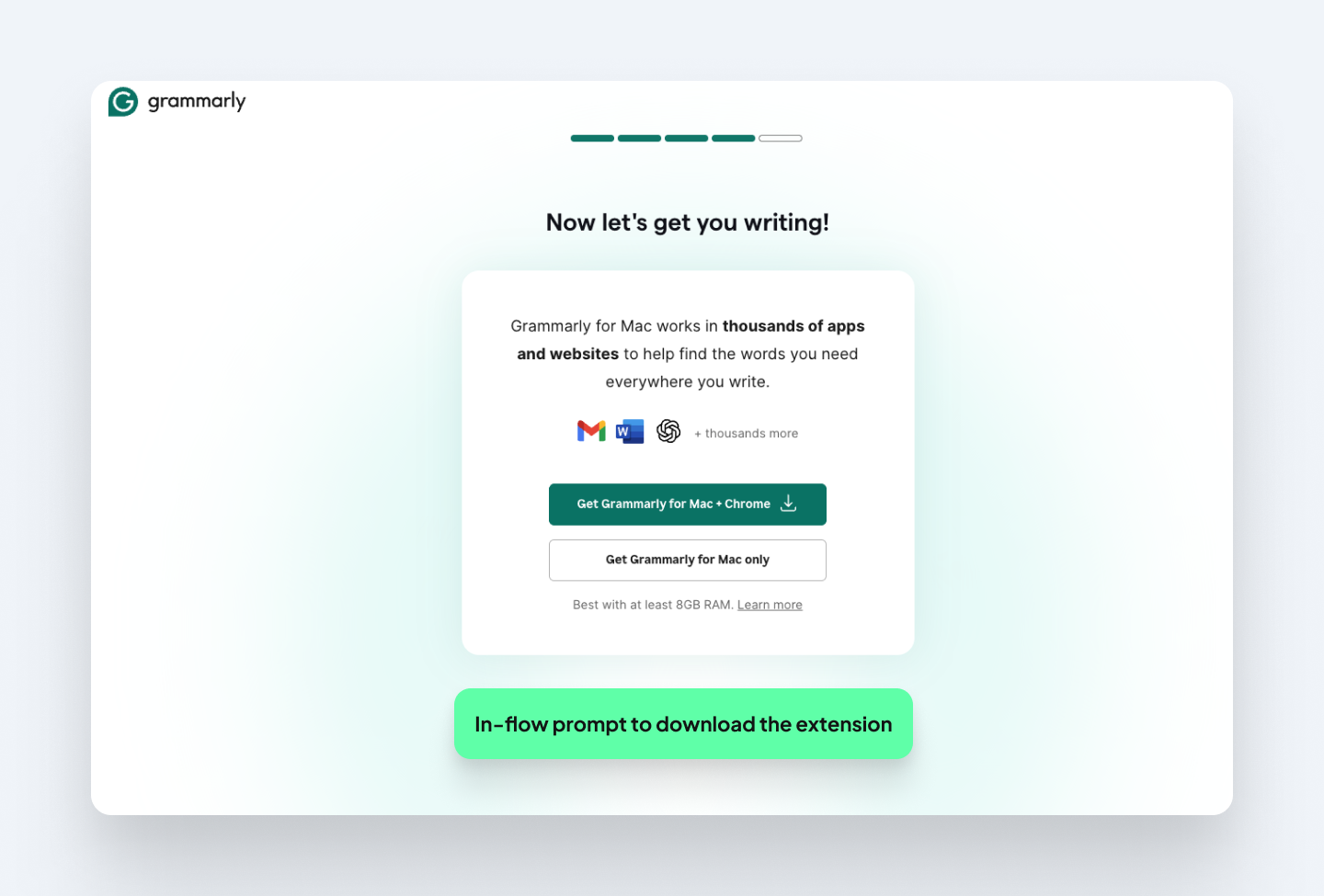 Grammarly's extension download screen that guides users toward the recommended Mac and Chrome installation.