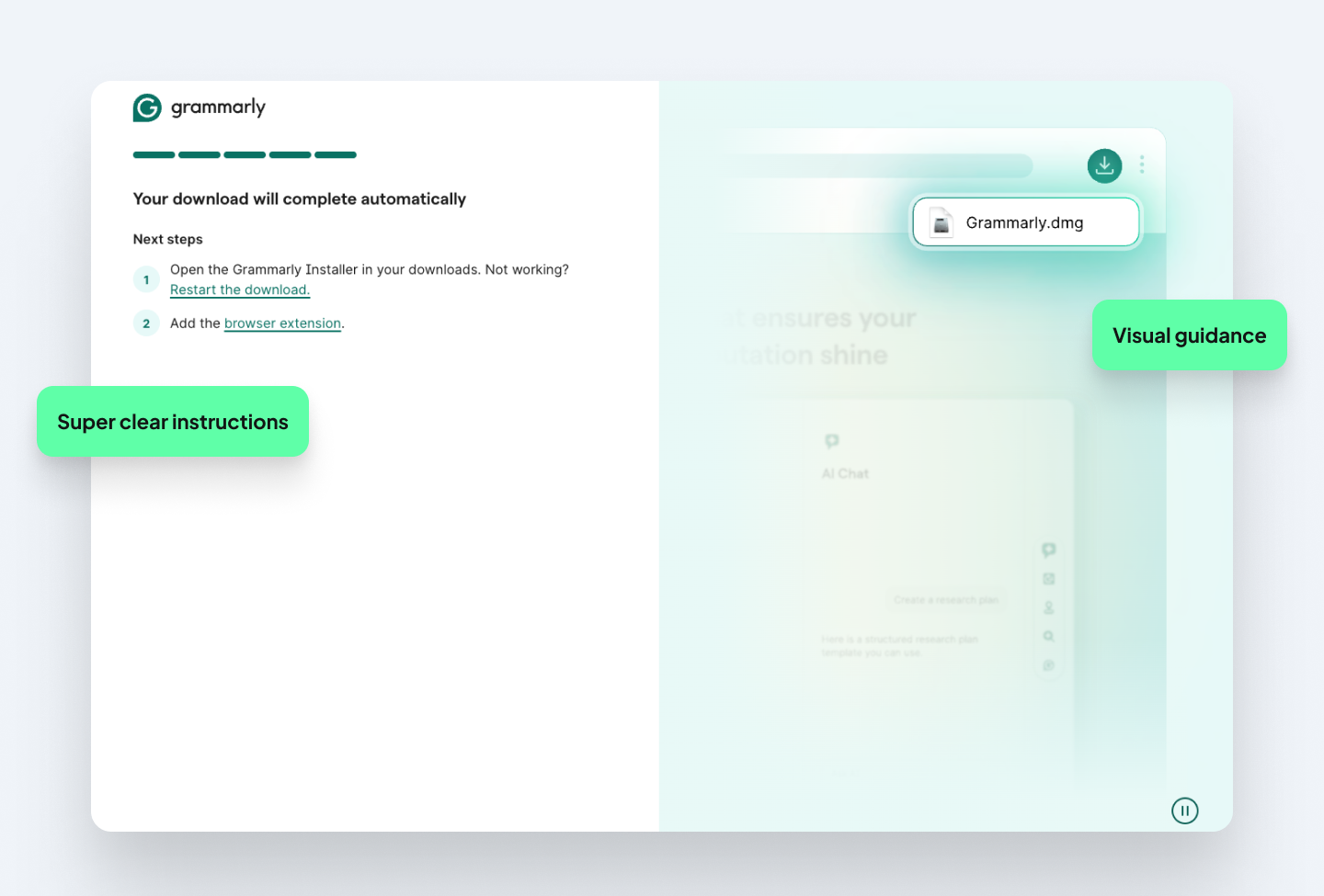 Grammarly's post-download screen with steps for completing installation and an image of where to find the downloaded file in the browser.