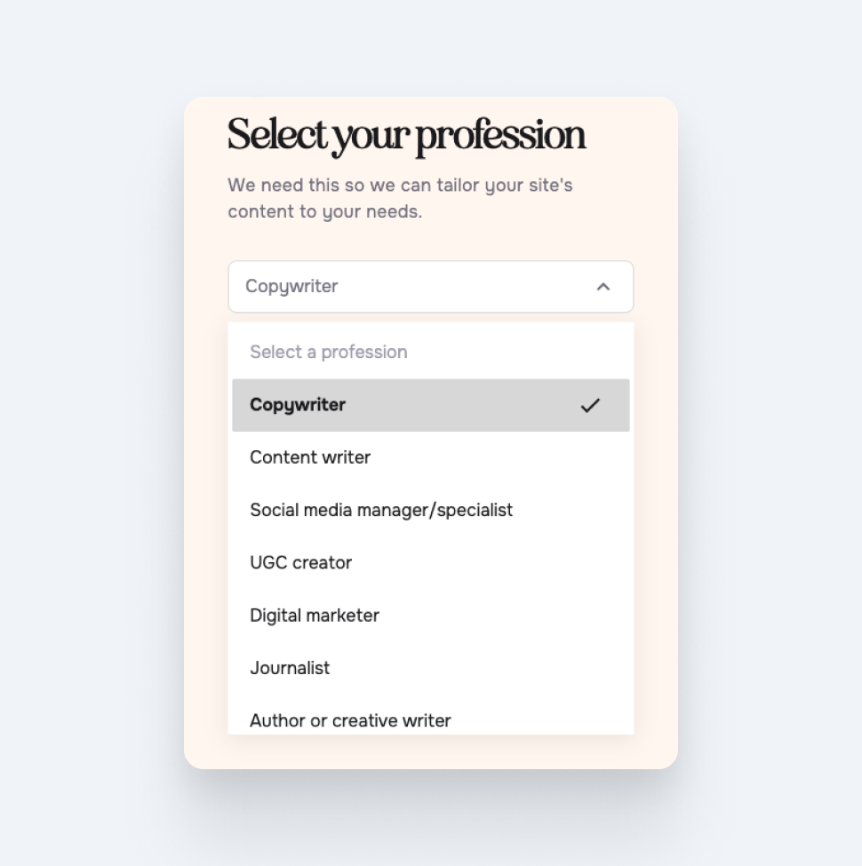 Copyfolio's user role selection dropdown with options including copywriter, content writer, social media manager and digital marketer.