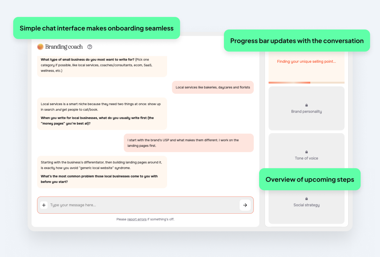 An onboarding screen showing an AI conversational interface between a user and Copyfolio's branding coach