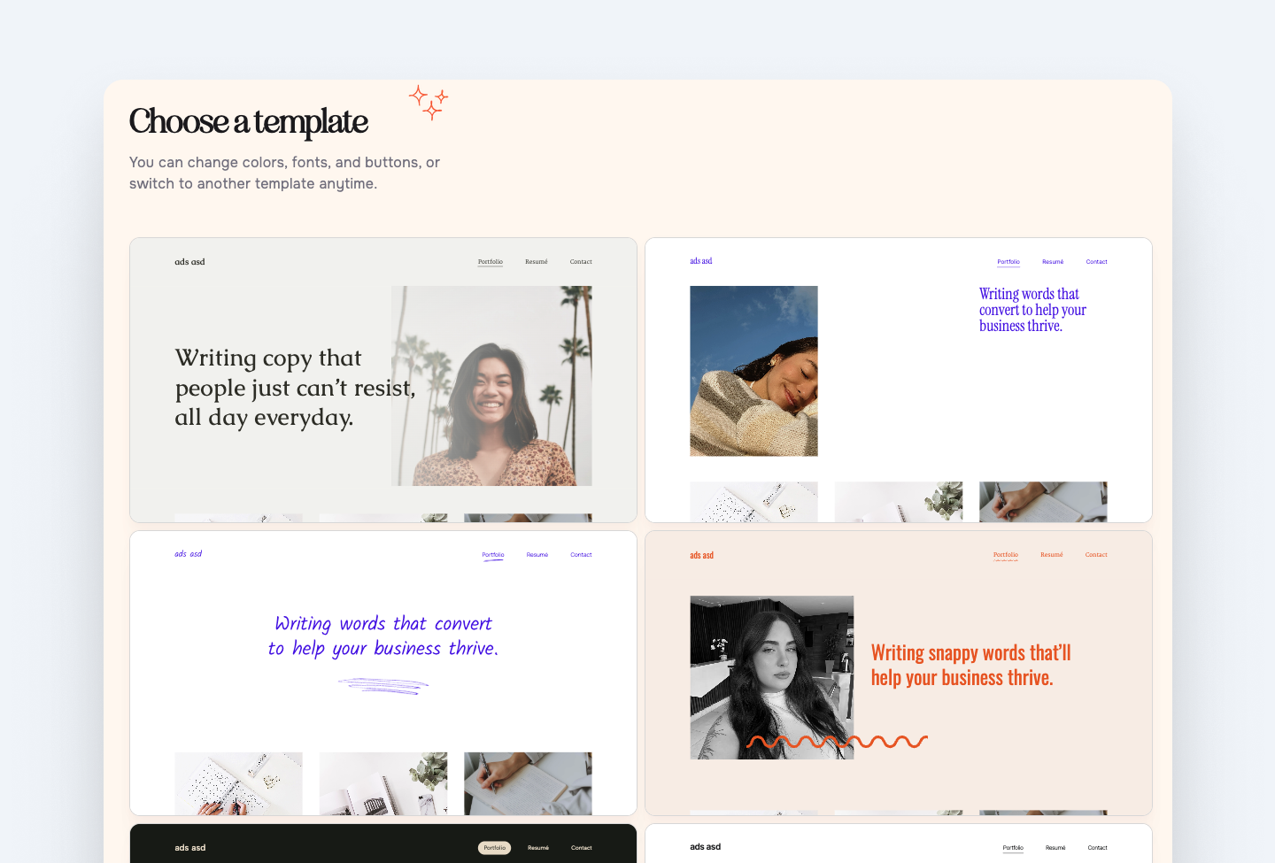 Copyfolio's template selection screen with four pre-designed portfolio website layouts for writers.