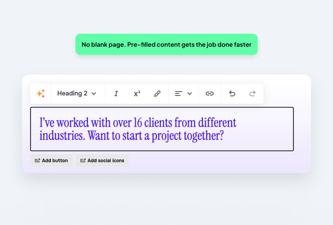 Copyfolio's text editor with a pre-filled portfolio section heading.