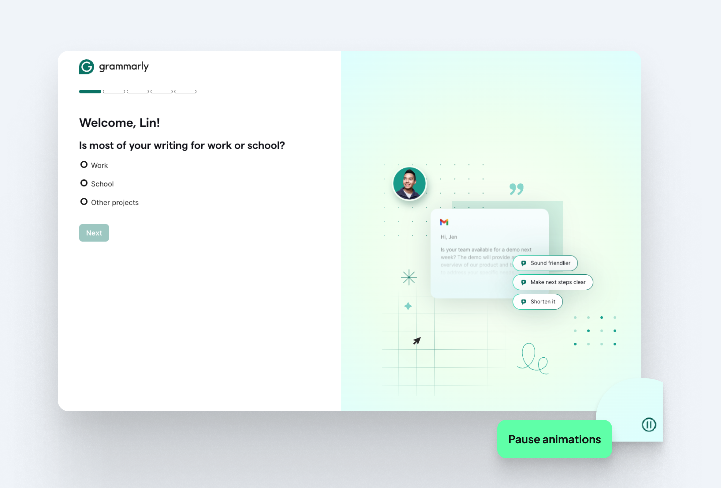 Grammarly's first onboarding with an animated preview on the right and a motion pause button.