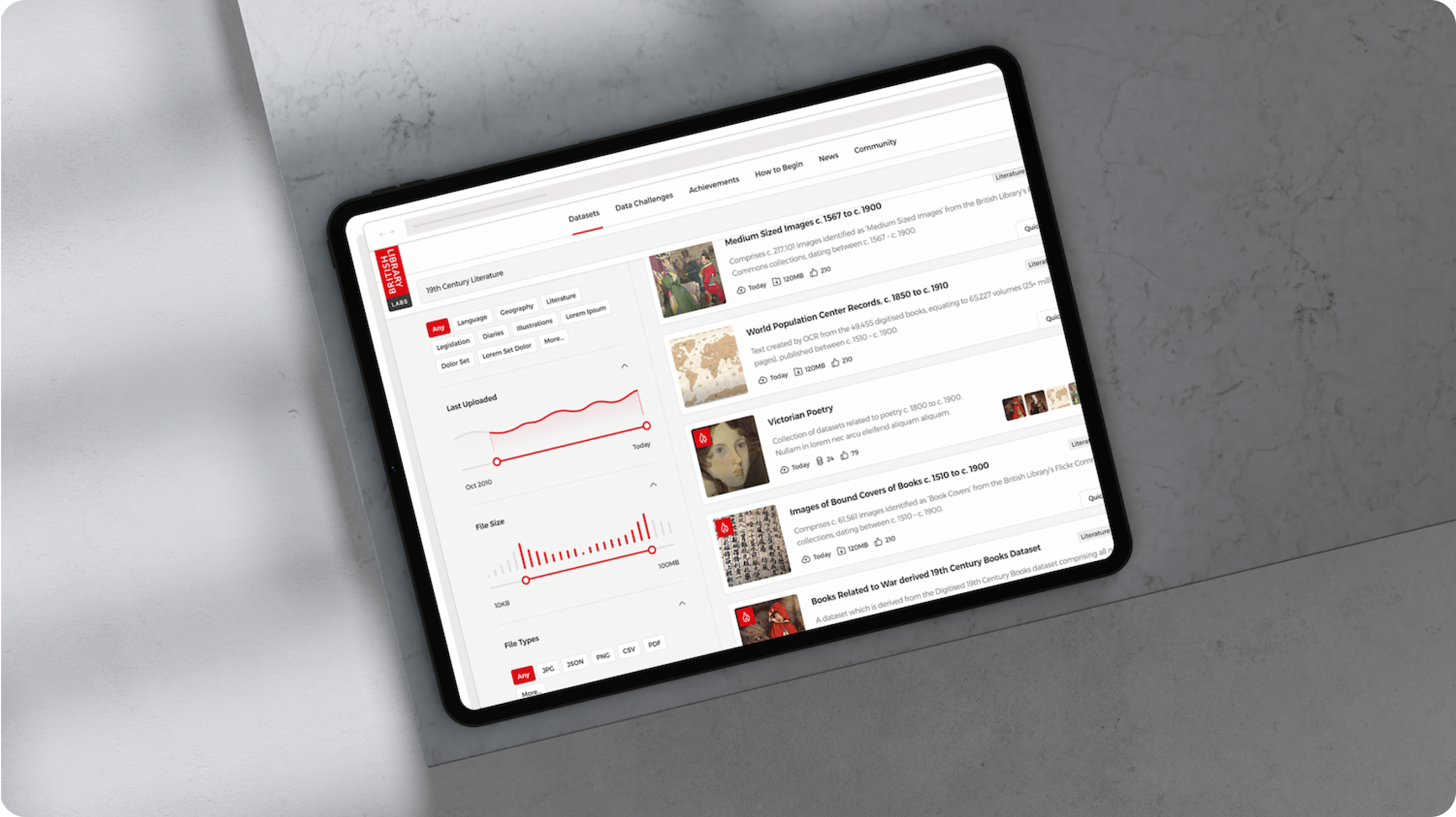 A tablet displays the British Library's research platform interface, featuring data collections, trends, and item listings like "Victorian Poetry."