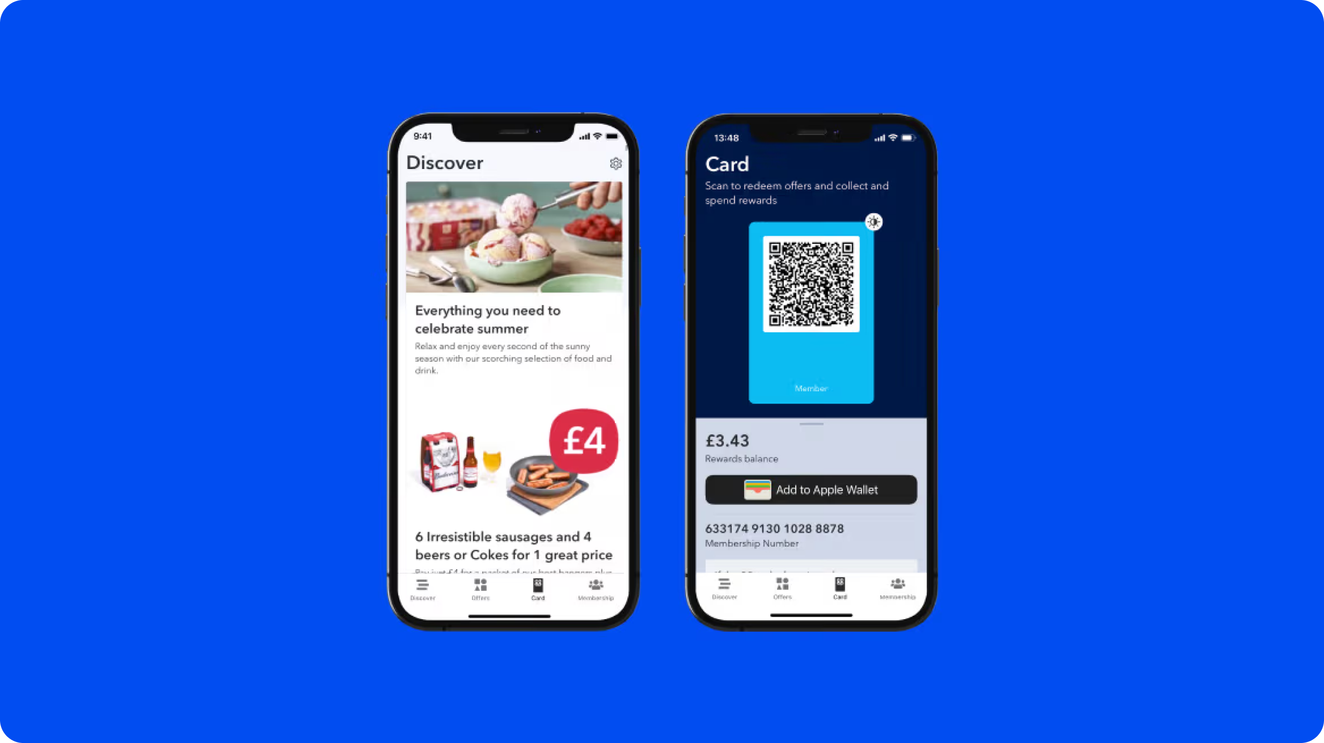Two smartphone screens against a blue background; the left screen shows the "Discover" section of the Co-op app with food items for the price of £4, while the right screen features the "Card" section displaying a QR code and a balance of £3.43.
