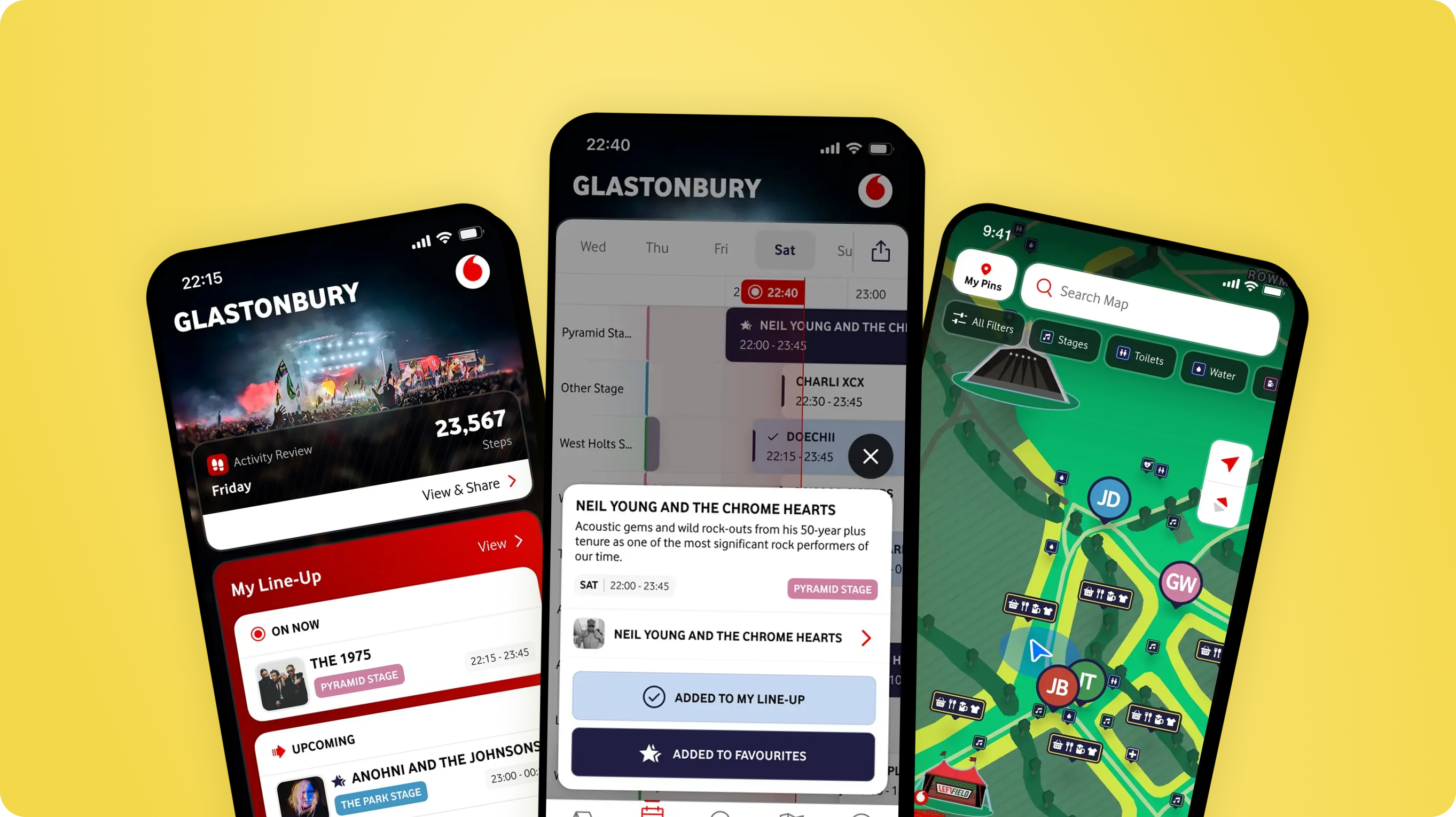 Three smartphones displaying the Glastonbury Festival app against a yellow background, showing festival line-up, schedule, and interactive map features.