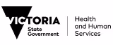 Black Victoria State Government Health and Human Services logo with inverted triangle emblem and white background.