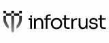 Black Infotrust logo with abstract trident symbol with white background.