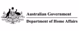 Black Australian Government Department of Home Affairs logo with coat of arms emblem and white background.