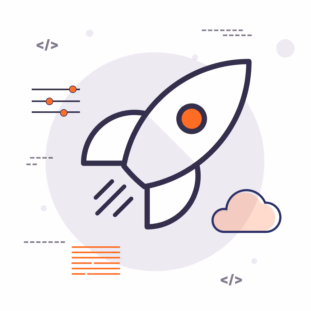 Stylised rocket icon launching upward, surrounded by abstract lines, sliders, and a cloud, representing speed and innovation.