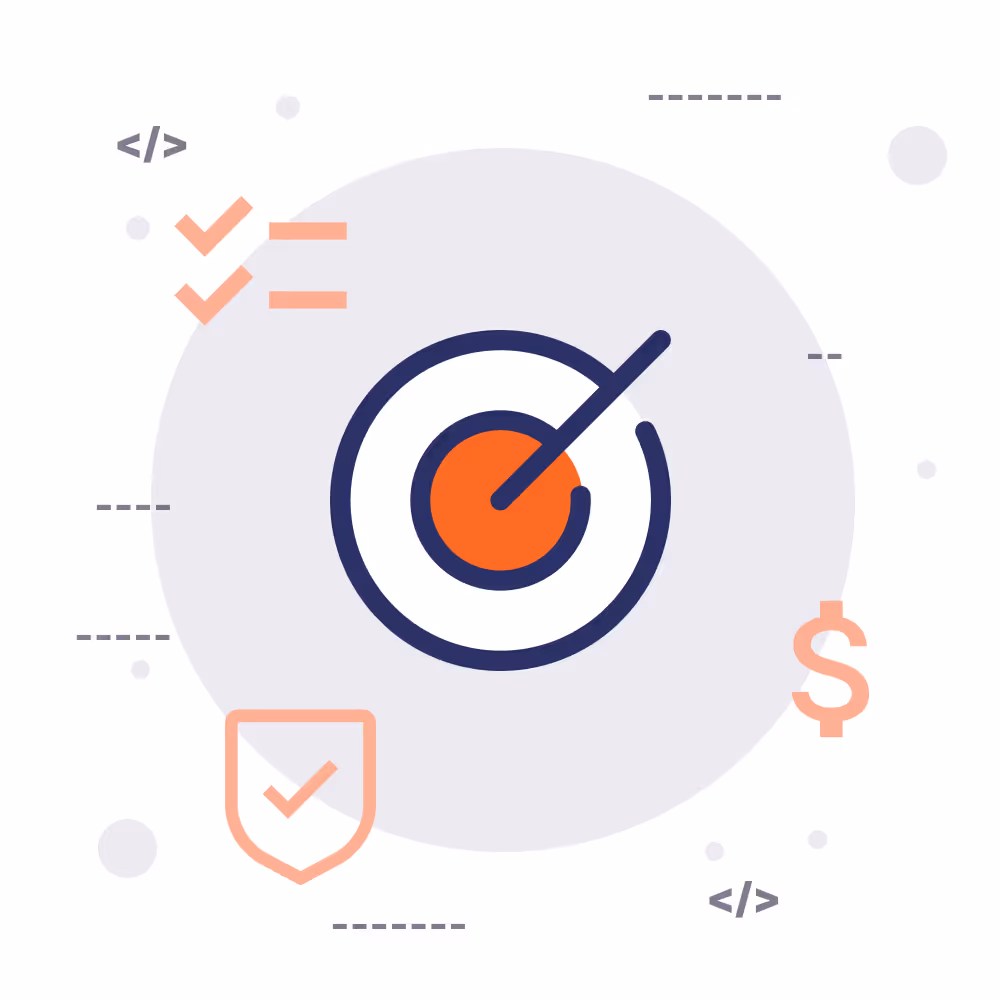 Circular target with an arrow hitting the centre, surrounded by check marks, a dollar symbol, and a shield, symbolising accuracy, alignment, and confidence.