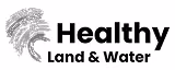 Black Healthy Land and Water logo with paint brush like stroke imagery and white background.