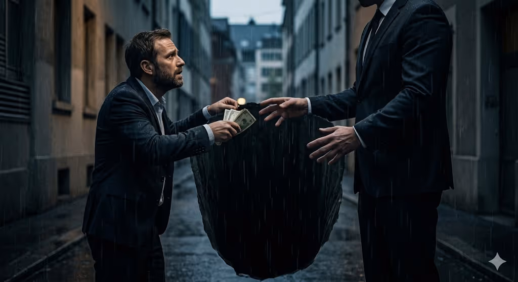 In einer regnerischen, düsteren Gasse steht ein verzweifelter Mann und lässt Geldscheine in ein tiefes, schwarzes Loch fallen, das mitten in der Luft zu schweben scheint. Ein anderer Mann in einem dunklen Anzug steht ihm gegenüber und sieht dabei zu, wie das Geld im Nichts verschwindet.