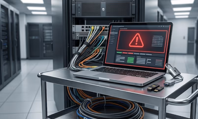 Realistisches Foto eines Laptops in einem Serverraum; auf dem Display ist ein markantes rotes Warnsymbol zu sehen, das technische Defekte und Sicherheitsrisiken herkömmlicher Website-Systeme symbolisiert.