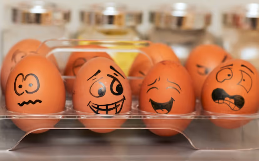 Ein Karton mit Eiern, auf die verschiedene menschliche Emotionen gezeichnet wurden. Das Bild dient als Metapher dafür, wie wichtig es ist, dass Hotel-Websites über reines Design hinaus echte Emotionen wecken und eine Bindung zum Gast aufbauen.