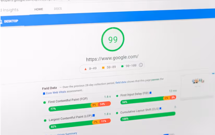 Google PageSpeed Insights Testergebnis mit einem Score von 99 für die Desktop-Version zur Analyse der Core Web Vitals.