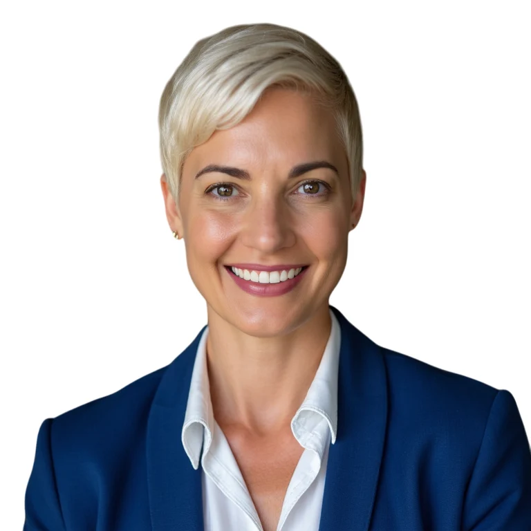 Professional AI Headshot of a woman in modern office generated by AI SuitUp