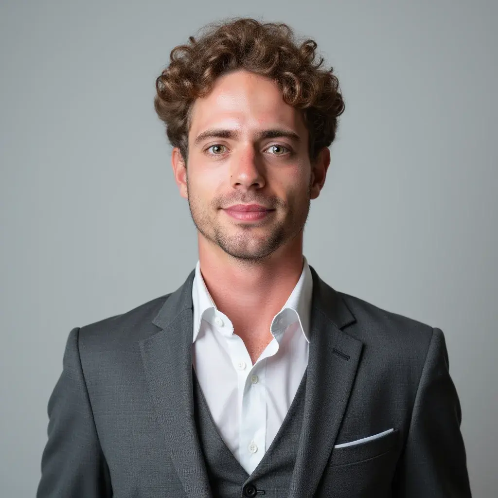 A man with curly hair wearing a gray suit.