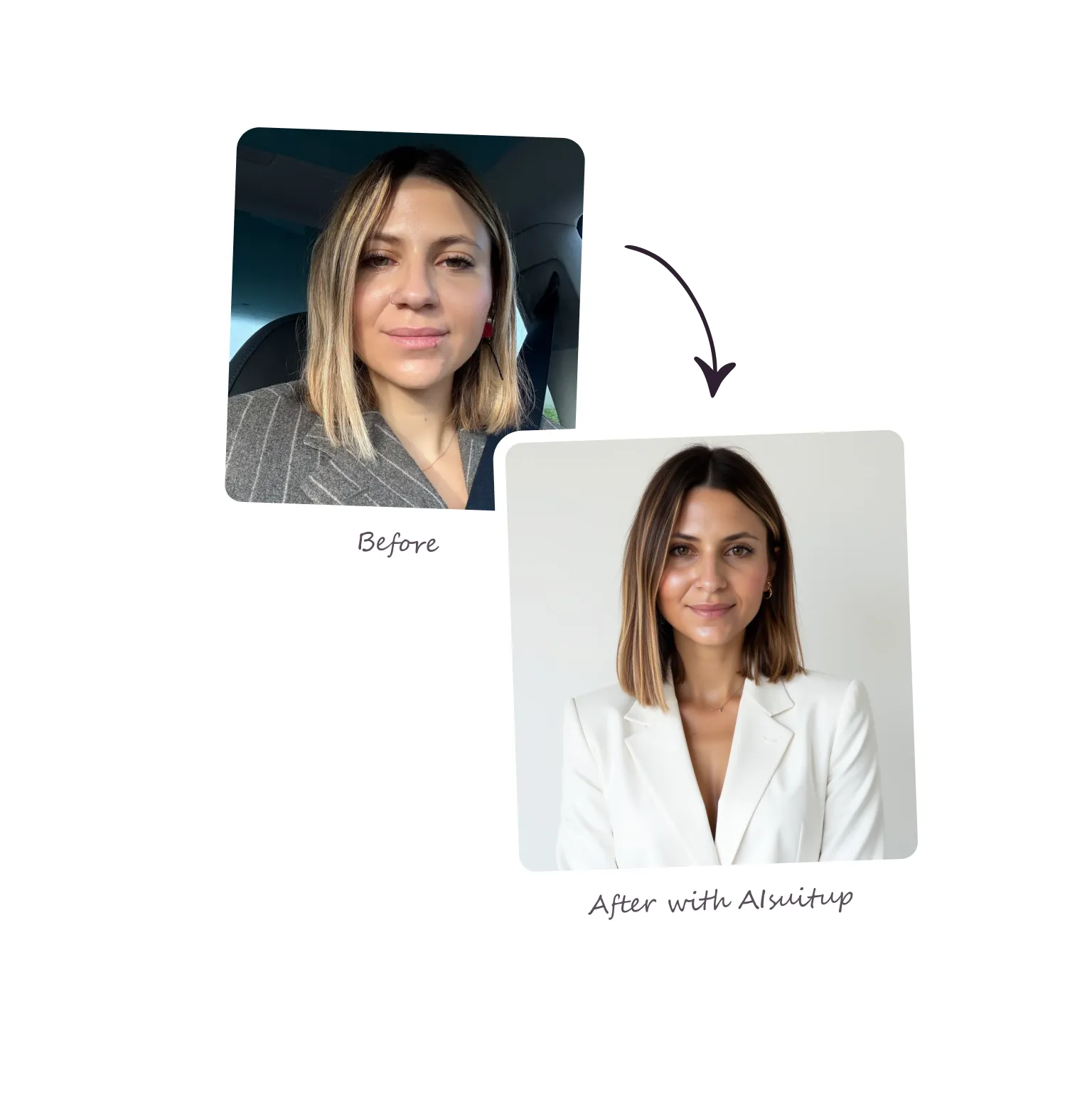 Two photos of a woman with short hair.