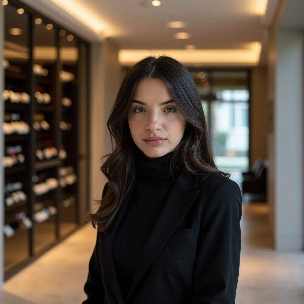 Woman with long dark hair wearing a black turtleneck and blazer in a softly lit modern interior with wine bottles displayed in the background. AI Generated Headshot for realtor