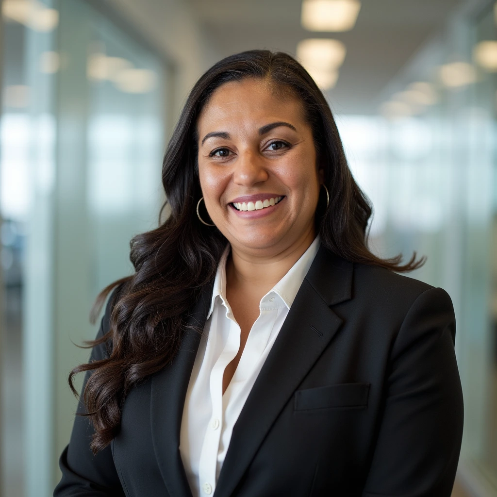 Smiling woman with long dark hair wearing a black blazer and white shirt in a modern office hallway. AI headshot for Linkedin