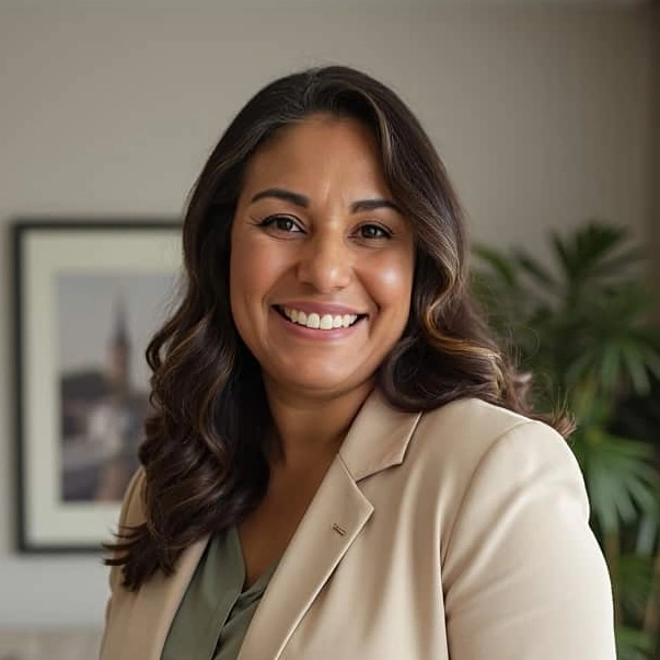 Smiling woman with long wavy dark hair Picture ebfore using AI SuitUp