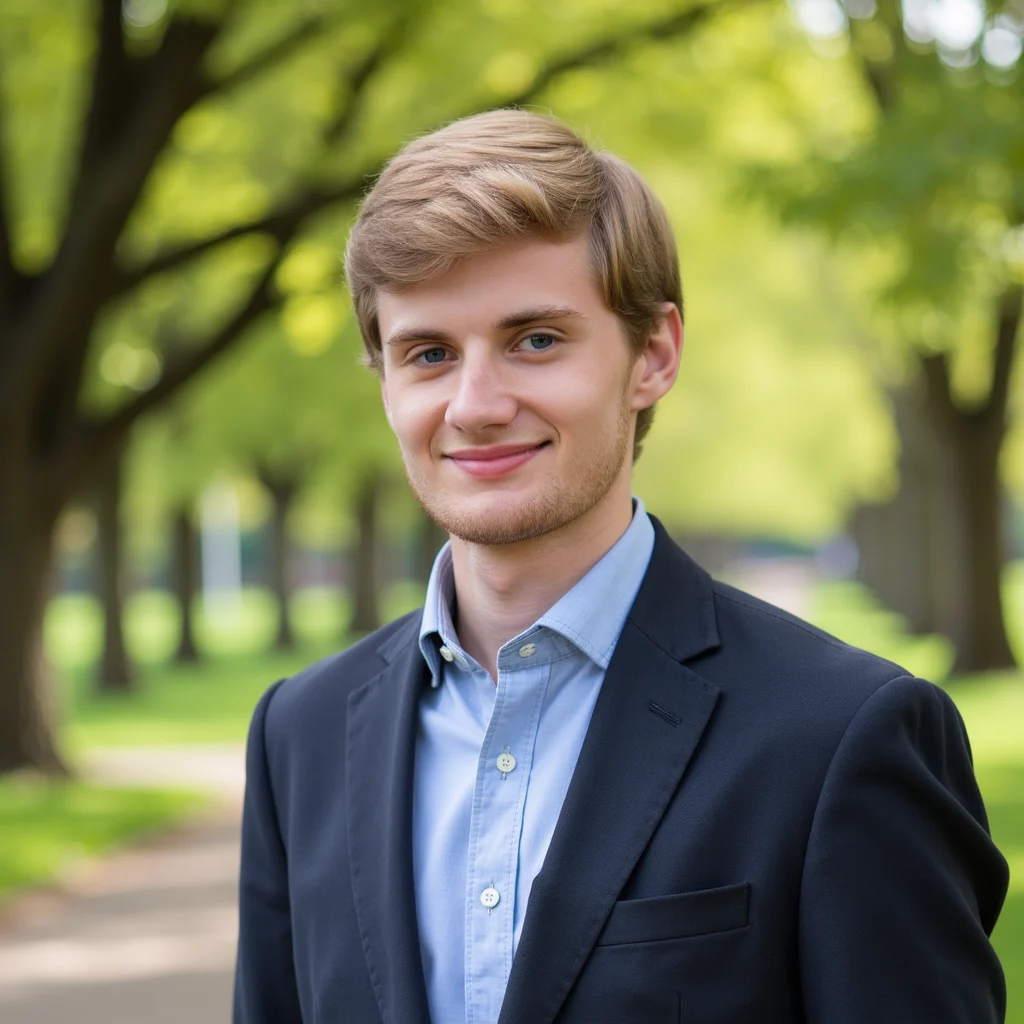 Young man with light brown hair wearing a dark blazer and light blue shirt, smiling outdoors with green trees blurred in the background. Professional picture taken with Proprietary AI