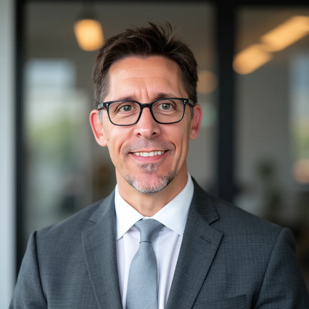 Smiling middle-aged man wearing glasses, a gray suit, white shirt, and light gray tie in a blurred office background. Picture with Bokah effect generated with AI SuitUp