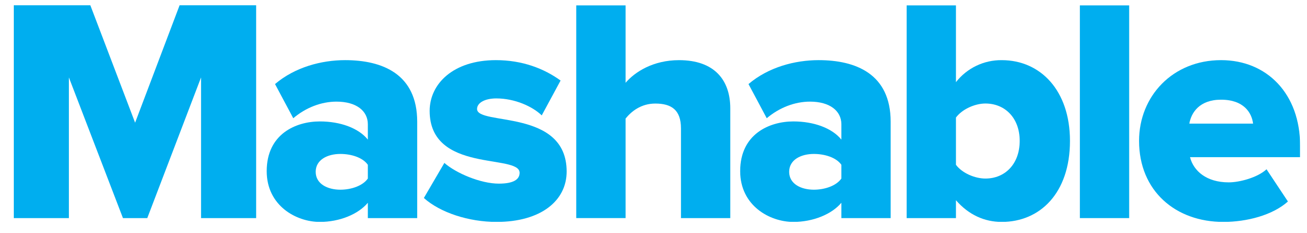 Mashable logo in bright blue text on a transparent background.