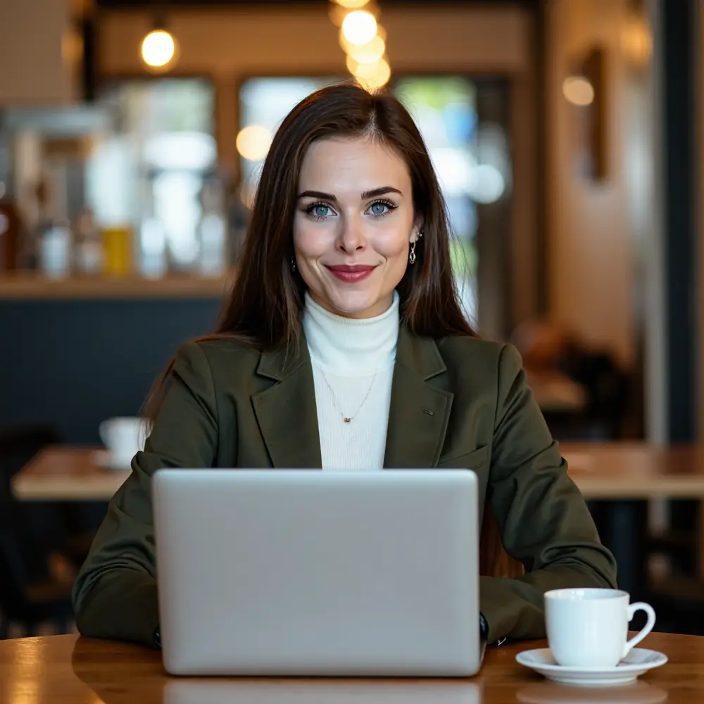 Picture of a woman sitting at a cafe working on her lapton. AI Generated by AI SuitUp