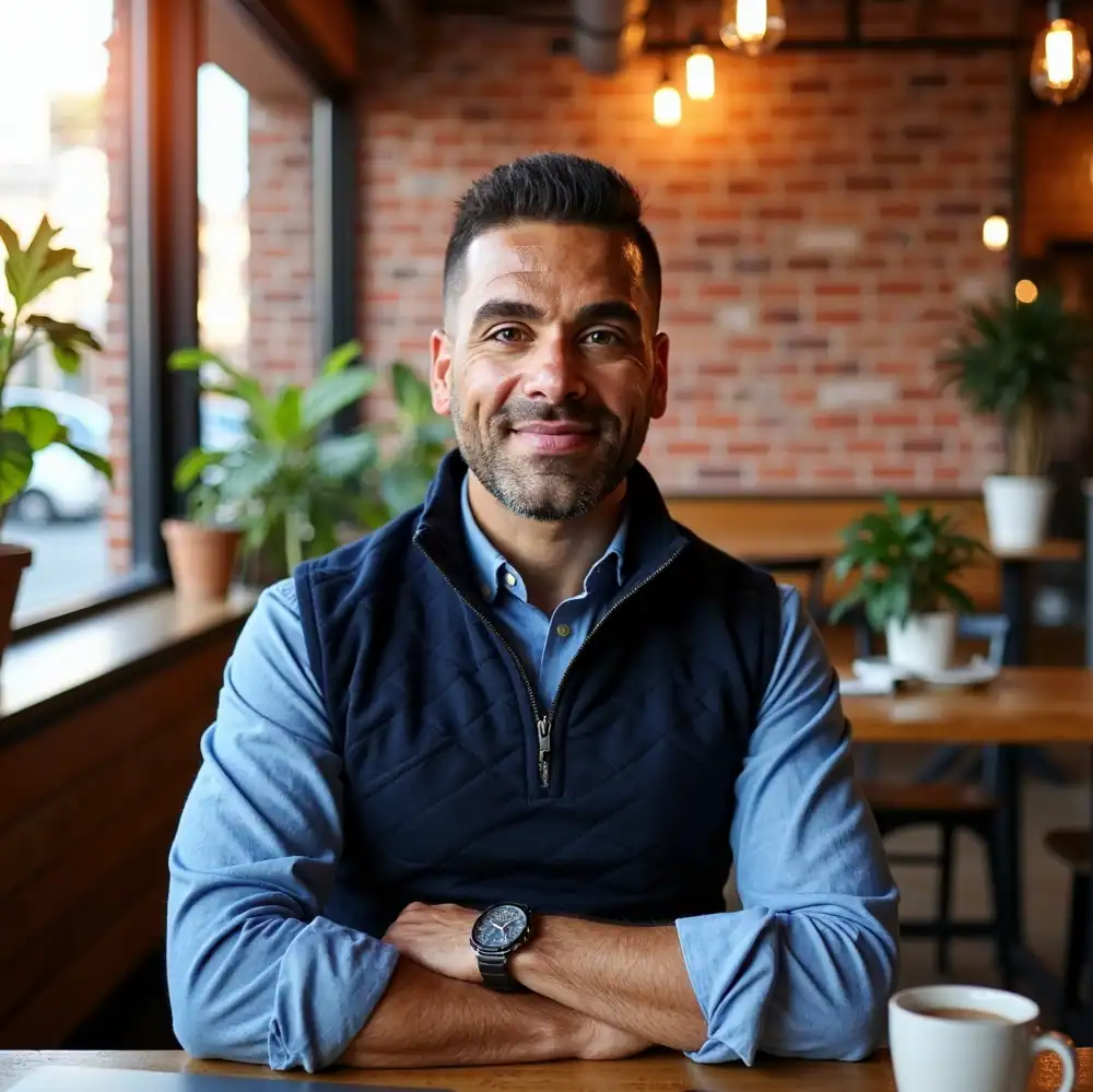 Photo of a person in a casual outfit in a cafe. AI Generated Headshot by AI SuitUp