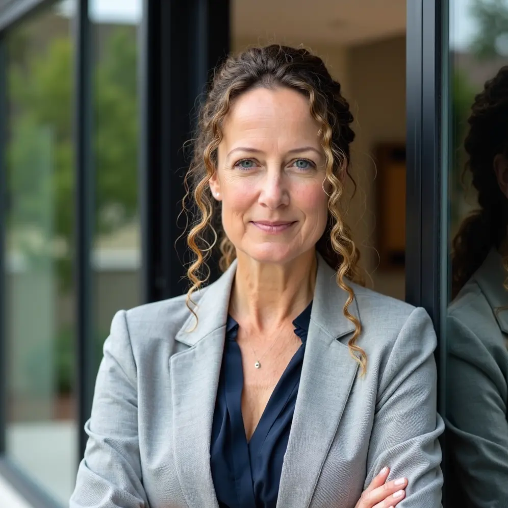 Professional Picture of a woman Real estate Agent standing in front of a home window. AI generated with AI SuitUp
