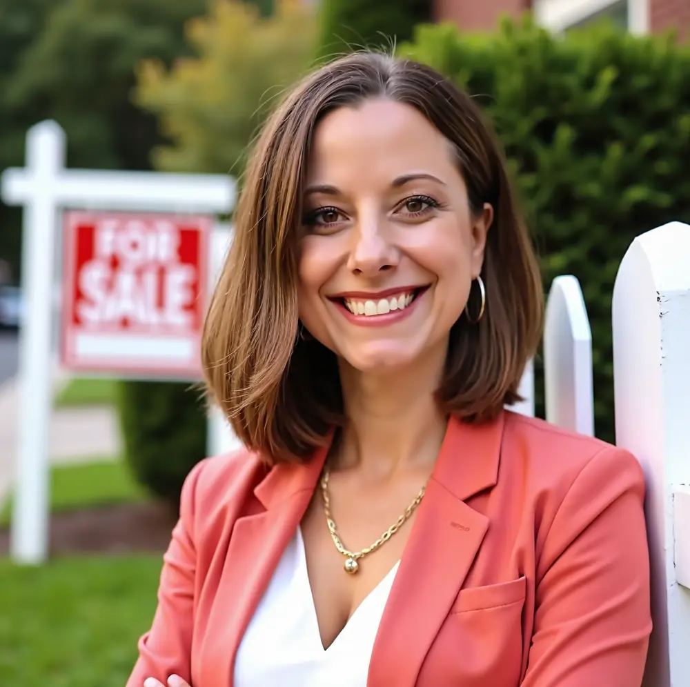 AI Generated picture of a woman realtor standing in front of a For Sale sign. AI Generated with AI SuitUp