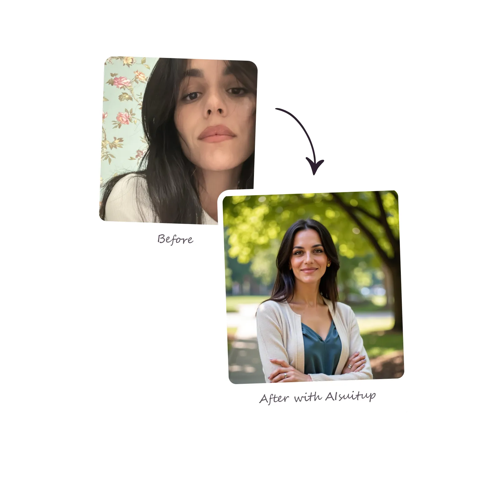 Before and after showing transformation from a casual photo to a polished AI business casual headshot