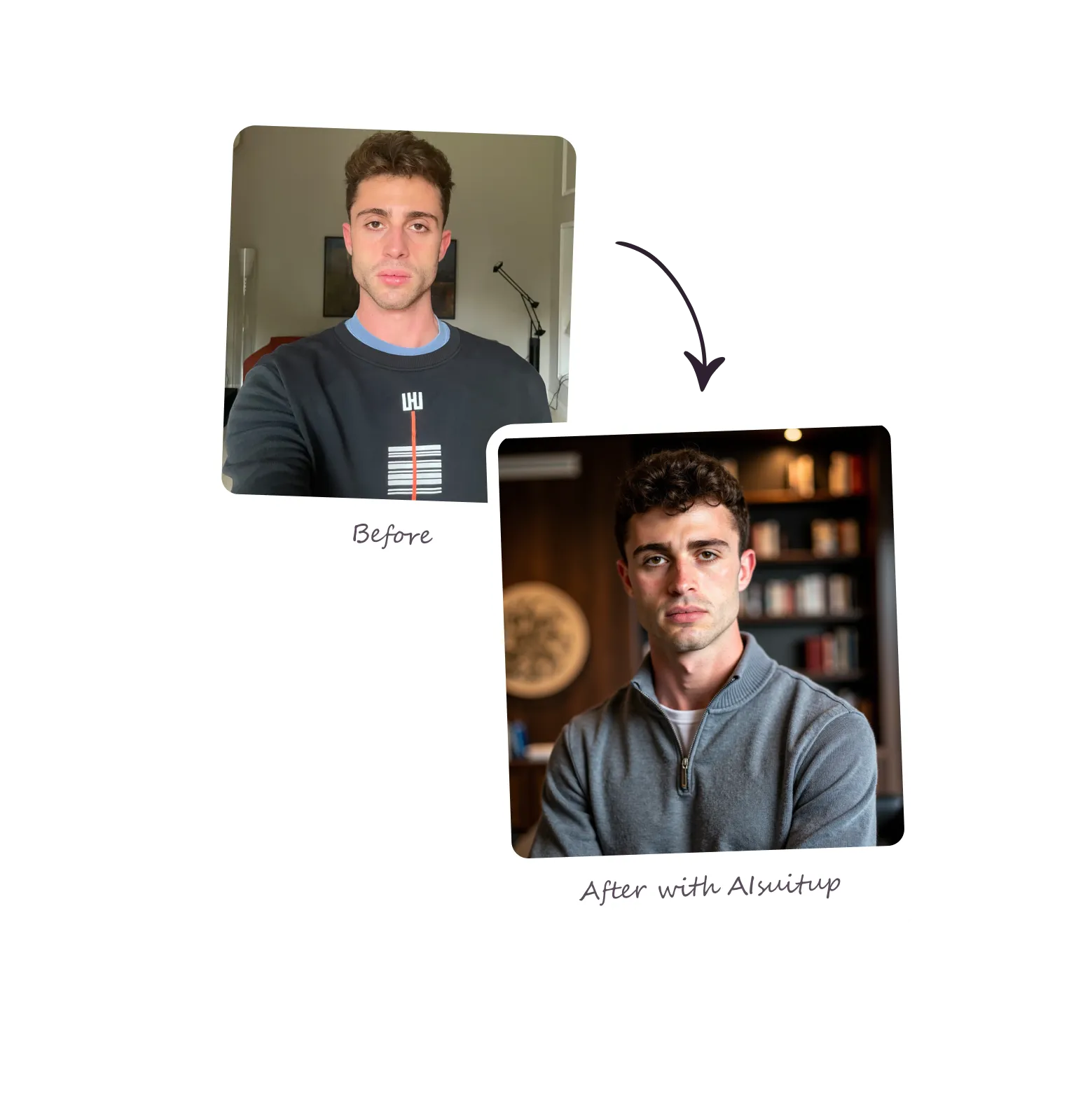 Transformation from unedited outdoor pic to AI-generated headshot in smart casual attire