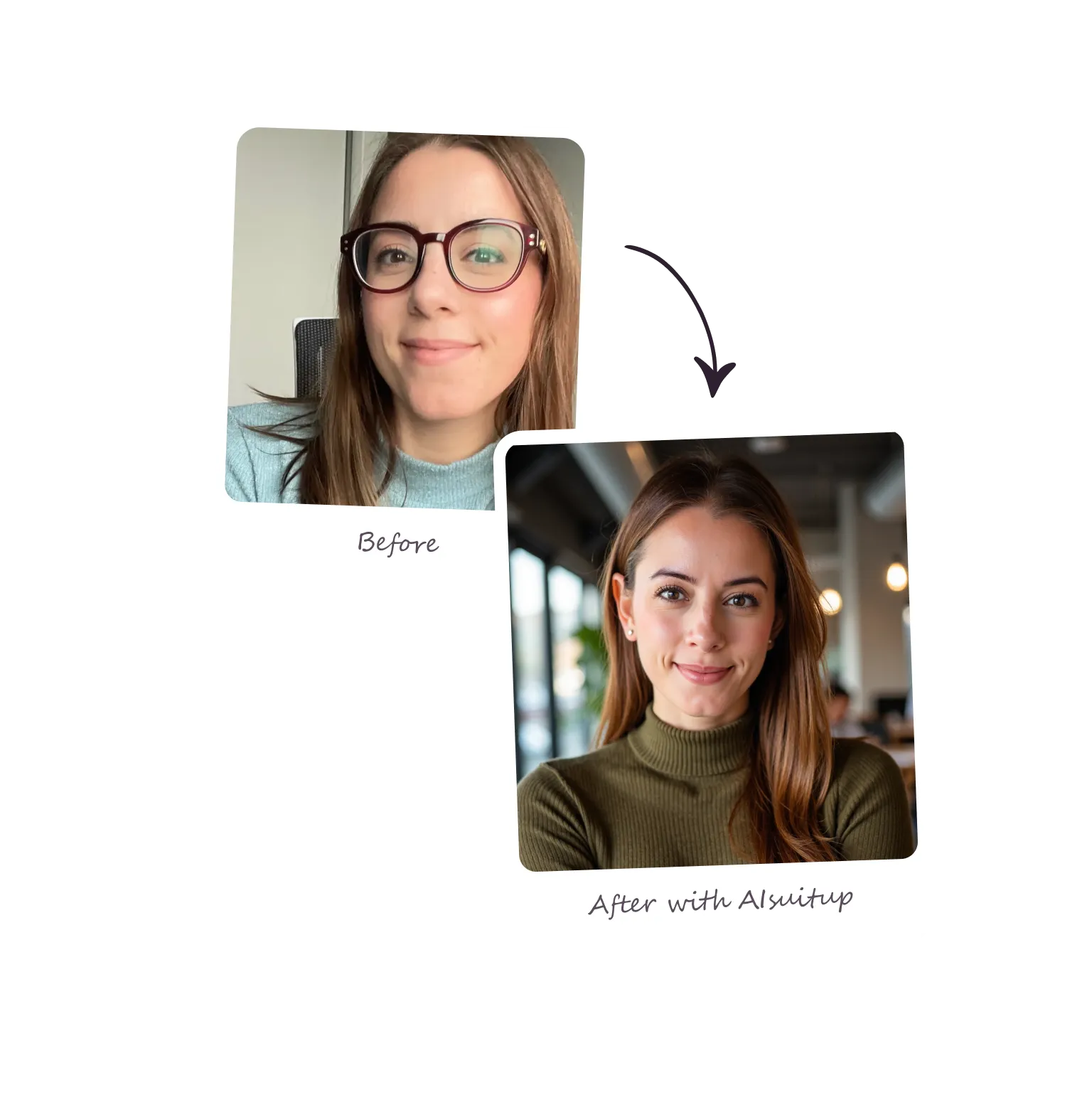Before/after image set turning an informal photo into a professional café-style headshot