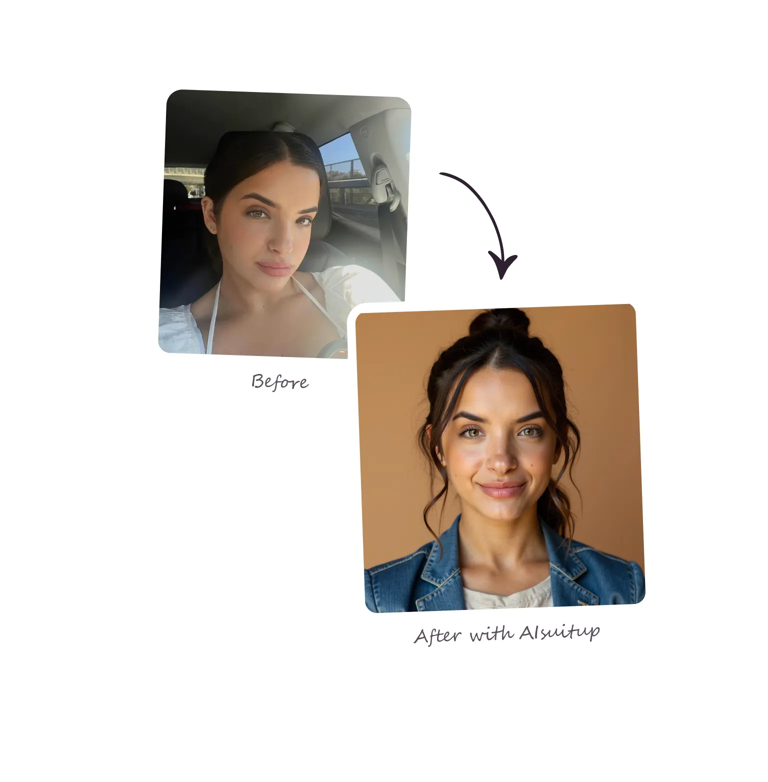 AI-enhanced makeover of a blurry selfie into a crisp, approachable business casual portrait