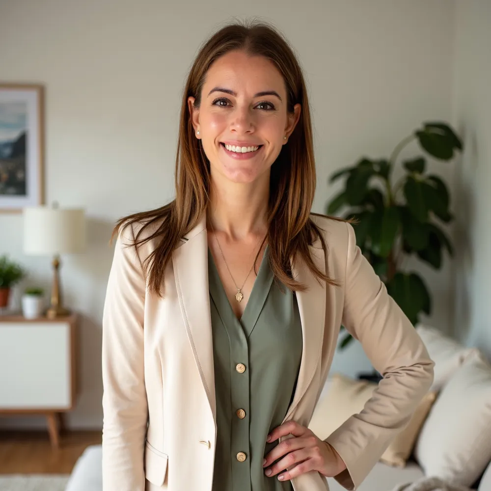 Natural-looking AI headshot of a woman in a smart-casual outfit, taken in a home interior background
