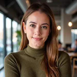 AI-generated business casual headshot of a woman sitting in a cozy café, styled for LinkedIn and professional networking profiles
