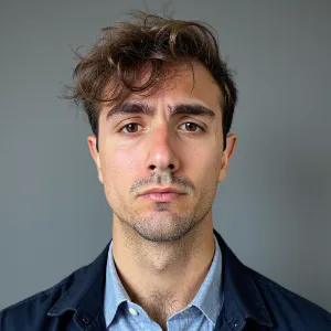 AI-generated business casual portrait of a man with a relaxed expression, seated in front of a plain background