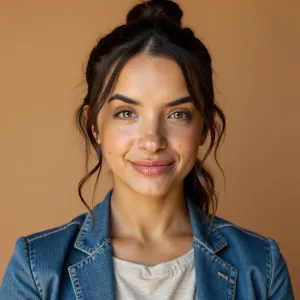 Professional AI portrait of a woman in neutral tones, posed against a clean, minimalist backdrop for career websites