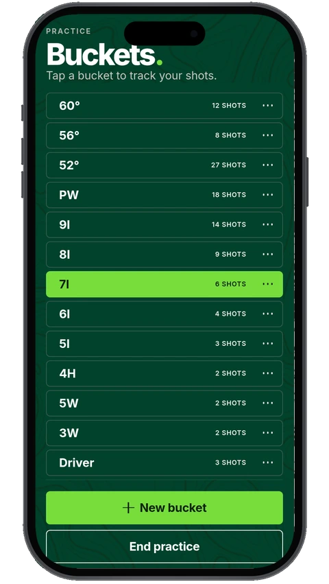 Phone: Practice, Buckets, with the 7 iron bucket selected