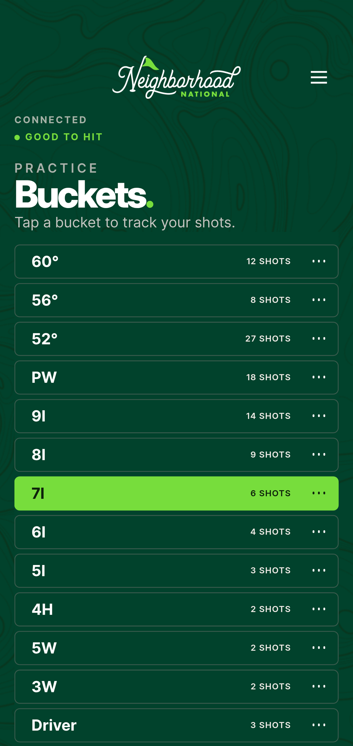 Practice buckets, 7 iron selected