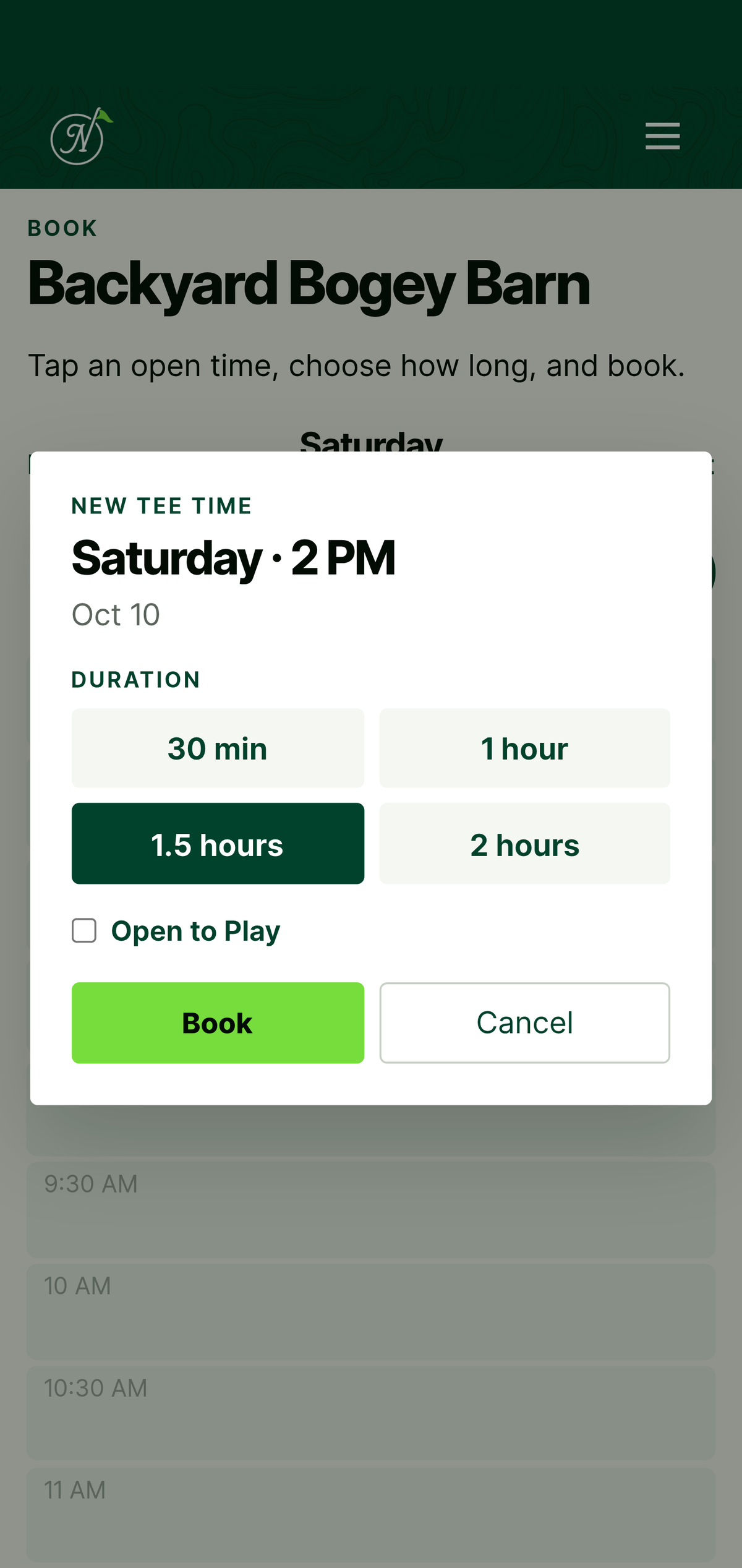 Tee sheet, a 1.5 hour afternoon time selected