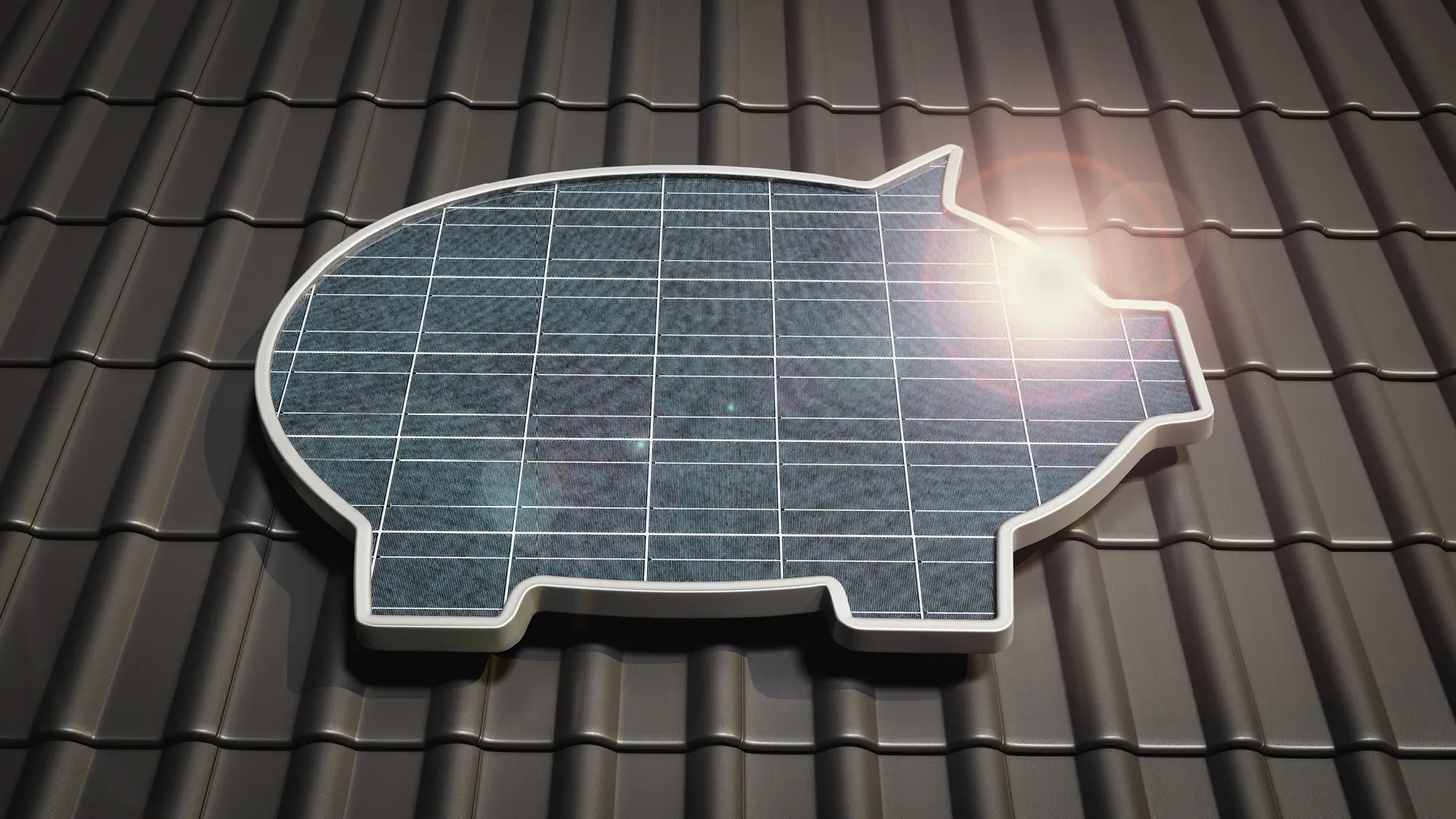 Das Bild zeigt die Photovoltaik Einspeisevergütung durch ein Sparschwein, einen Taschenrechner und Geld auf Solarmodulen