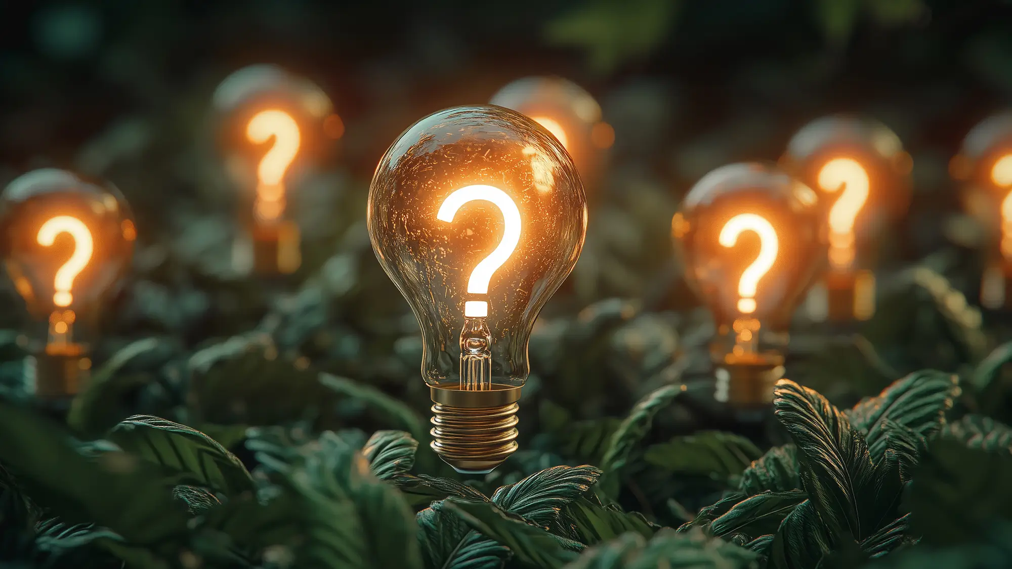 Mehrere Glühbirnen, in denen ein Fragezeichen leuchtet, Blätter im Hintergrund